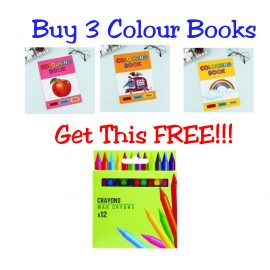 3 Colouring Books & 1 FREE Pack Of Crayon
