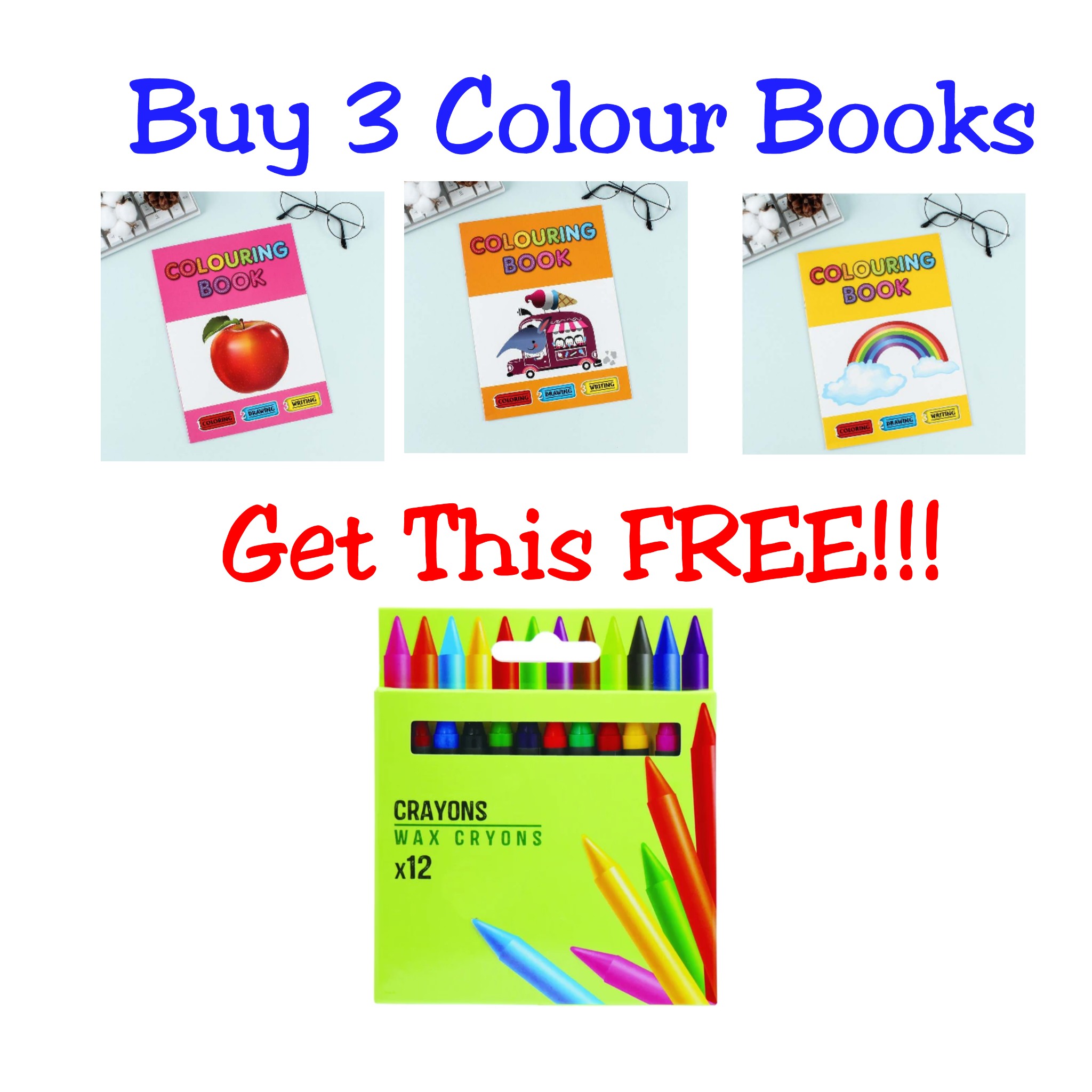 3 Colouring Books & 1 FREE Pack Of Crayon